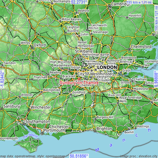 Topographic map of Sunbury-on-Thames