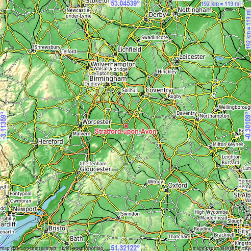 Topographic map of Stratford-upon-Avon