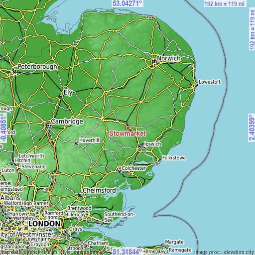 Topographic map of Stowmarket