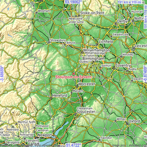 Topographic map of Stourport-on-Severn