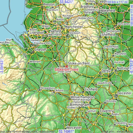 Topographic map of Stoke-on-Trent