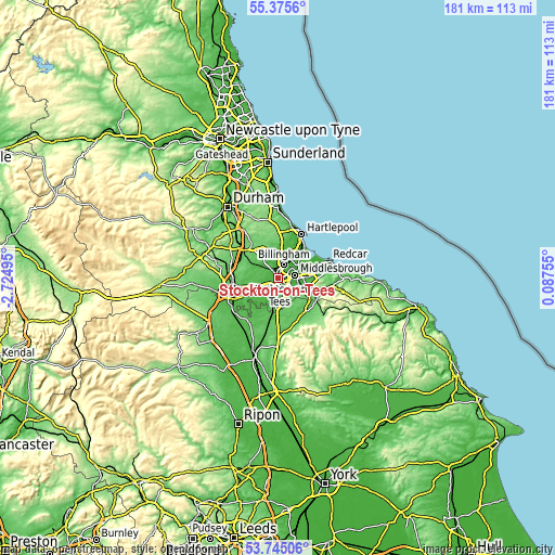 Topographic map of Stockton-on-Tees