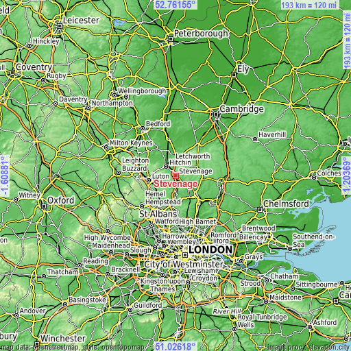 Topographic map of Stevenage