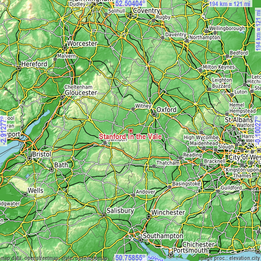 Topographic map of Stanford in the Vale