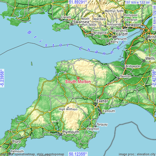 Topographic map of South Molton