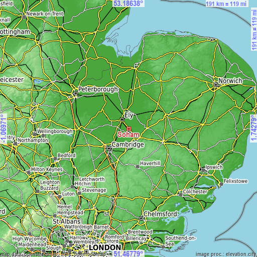 Topographic map of Soham