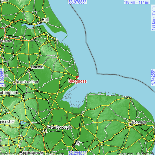 Topographic map of Skegness