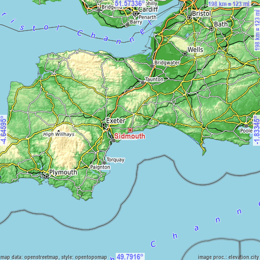 Topographic map of Sidmouth