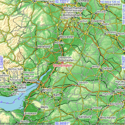 Topographic map of Shurdington