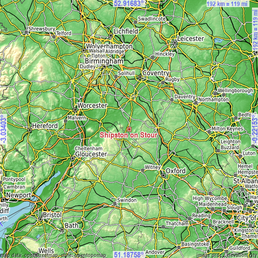 Topographic map of Shipston on Stour