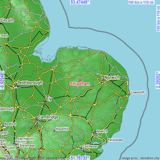 Topographic map of Shipdham