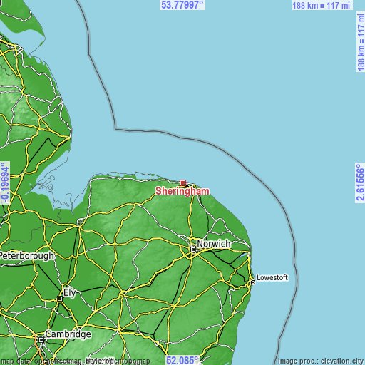 Topographic map of Sheringham