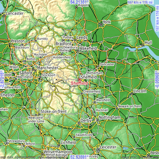 Topographic map of Sheffield