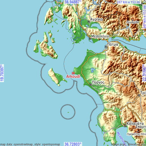 Topographic map of Arkoúdi