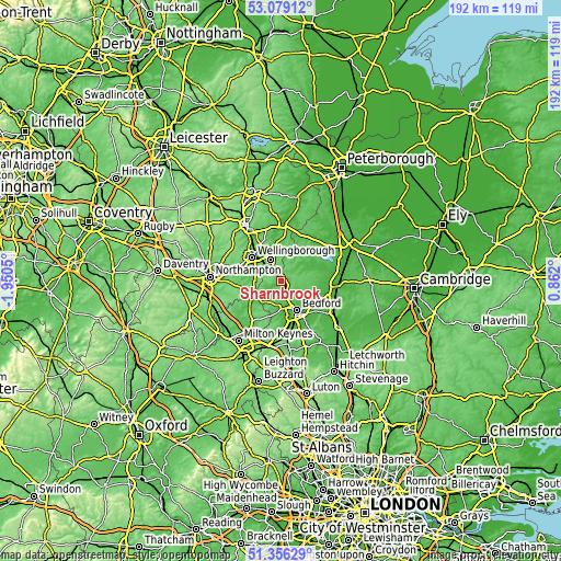 Topographic map of Sharnbrook