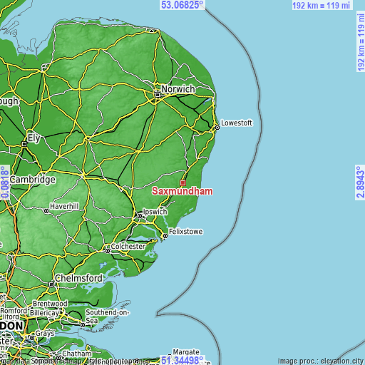 Topographic map of Saxmundham