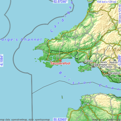 Topographic map of Saundersfoot