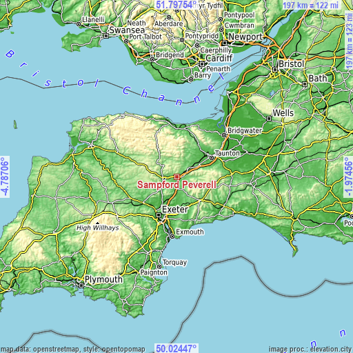 Topographic map of Sampford Peverell