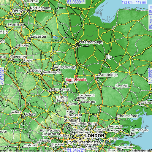 Topographic map of Saint Neots