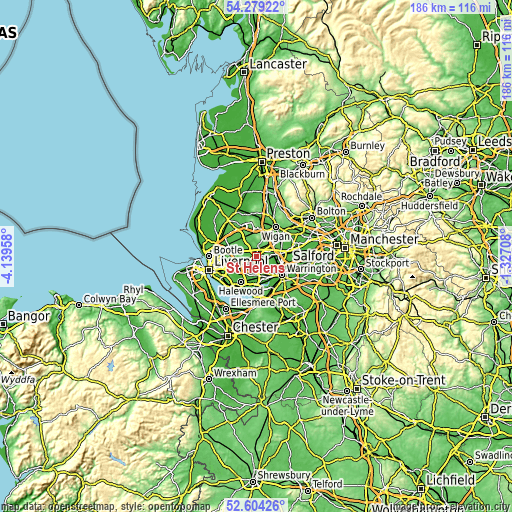 Topographic map of St Helens