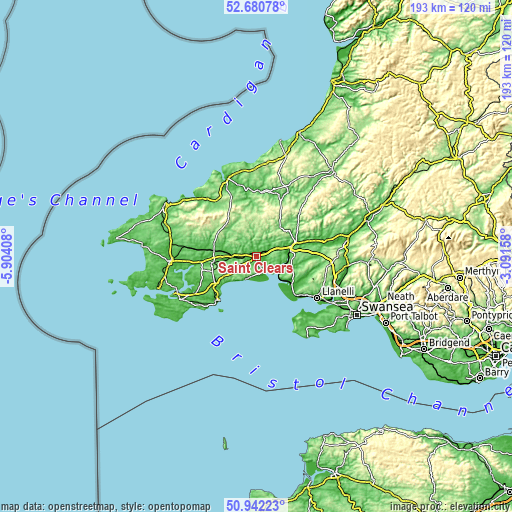 Topographic map of Saint Clears