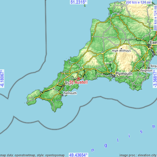 Topographic map of St Austell