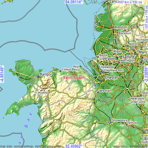 Topographic map of Saint Asaph