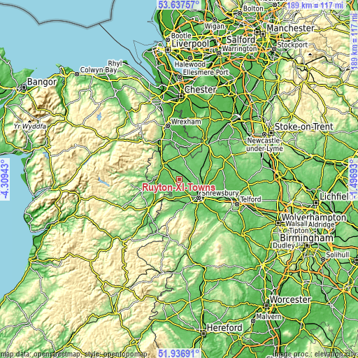 Topographic map of Ruyton-XI-Towns