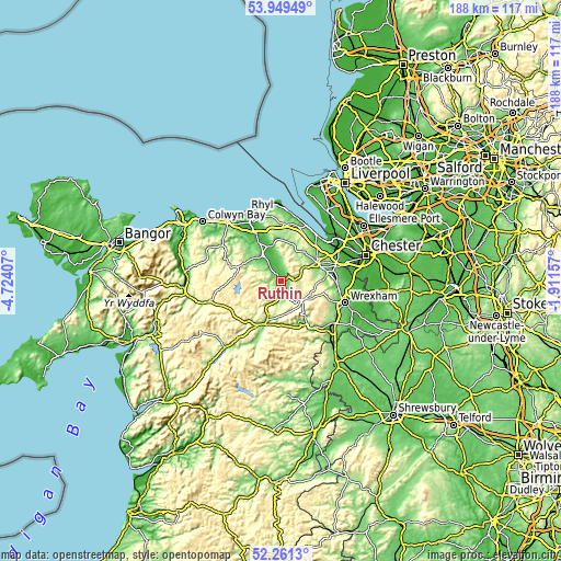 Topographic map of Ruthin