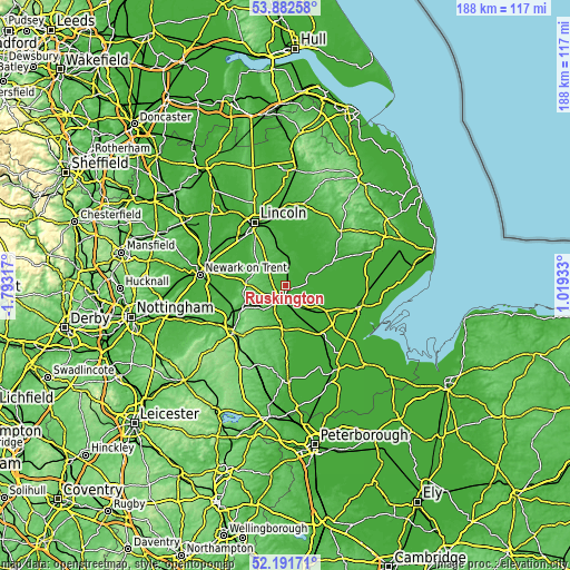 Topographic map of Ruskington