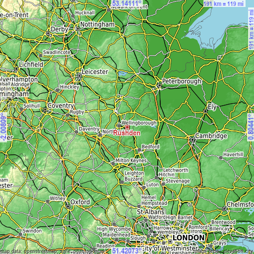 Topographic map of Rushden