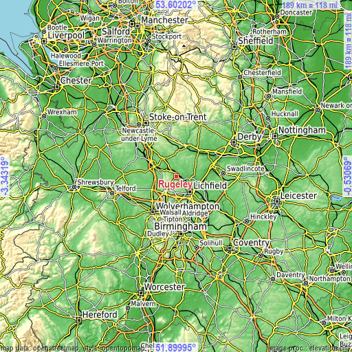 Topographic map of Rugeley