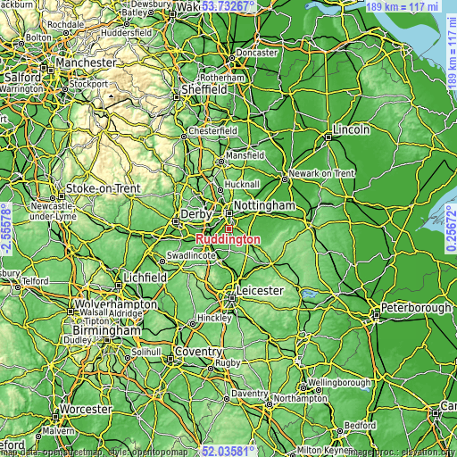 Topographic map of Ruddington