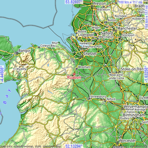 Topographic map of Ruabon