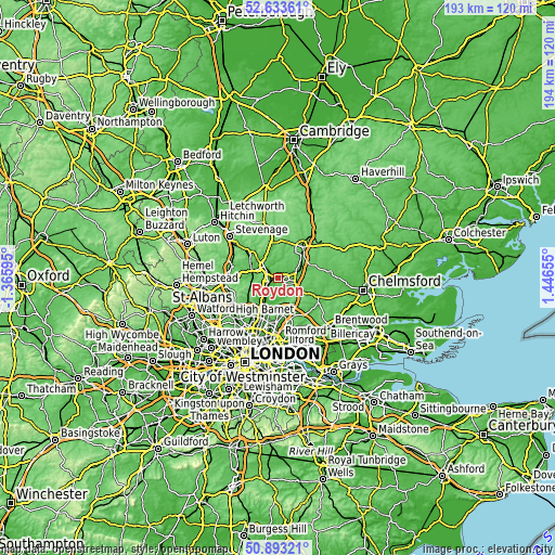 Topographic map of Roydon