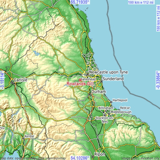 Topographic map of Rowlands Gill