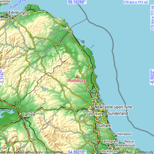 Topographic map of Rothbury