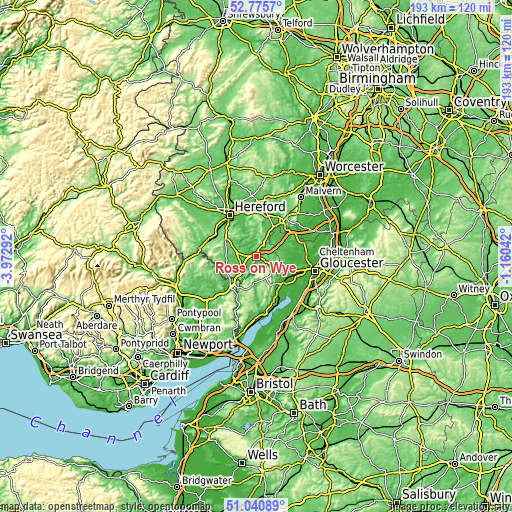 Topographic map of Ross on Wye