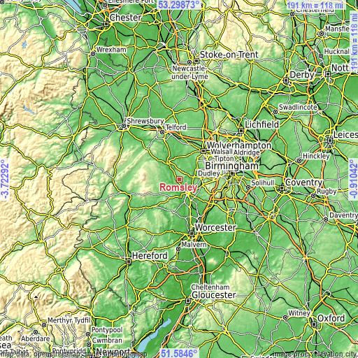 Topographic map of Romsley
