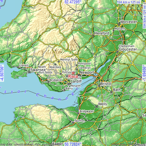 Topographic map of Risca