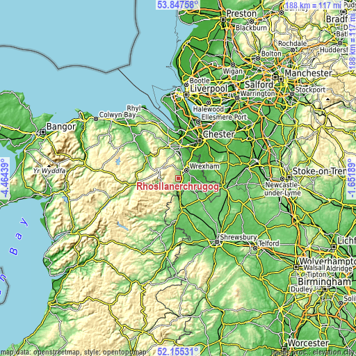 Topographic map of Rhosllanerchrugog