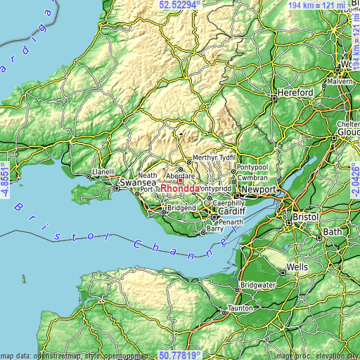 Topographic map of Rhondda