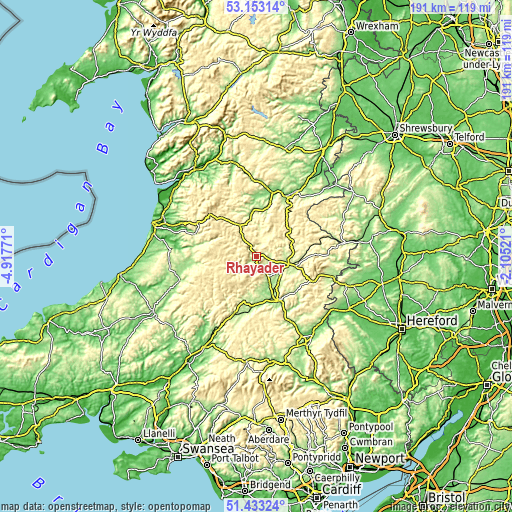 Topographic map of Rhayader