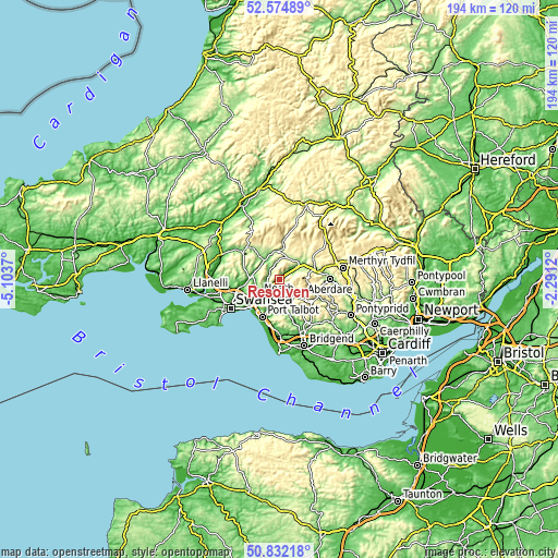 Topographic map of Resolven