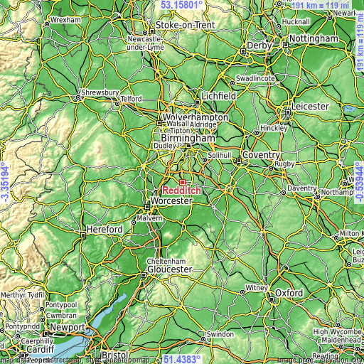 Topographic map of Redditch