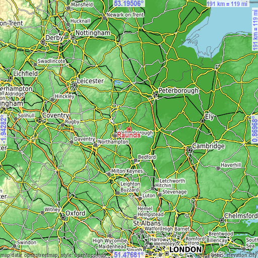 Topographic map of Raunds