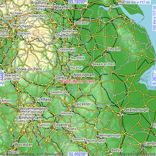 Topographic map of Radcliffe on Trent