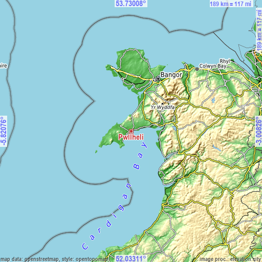 Topographic map of Pwllheli