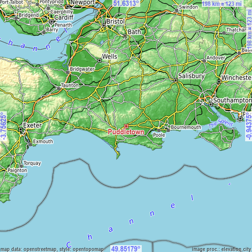 Topographic map of Puddletown