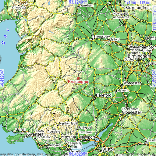 Topographic map of Presteigne